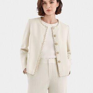 Elegant Cream Acetate Collarless Bouclé-Trim Suit Jacket with Decorative Buttons